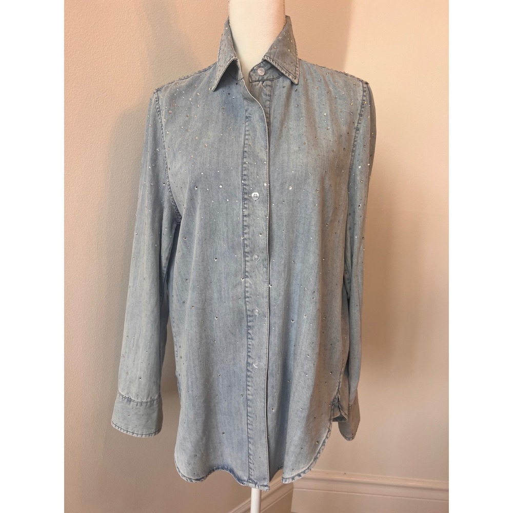 Gorgeous Generation Love rhinestone chambray denim blouse medium